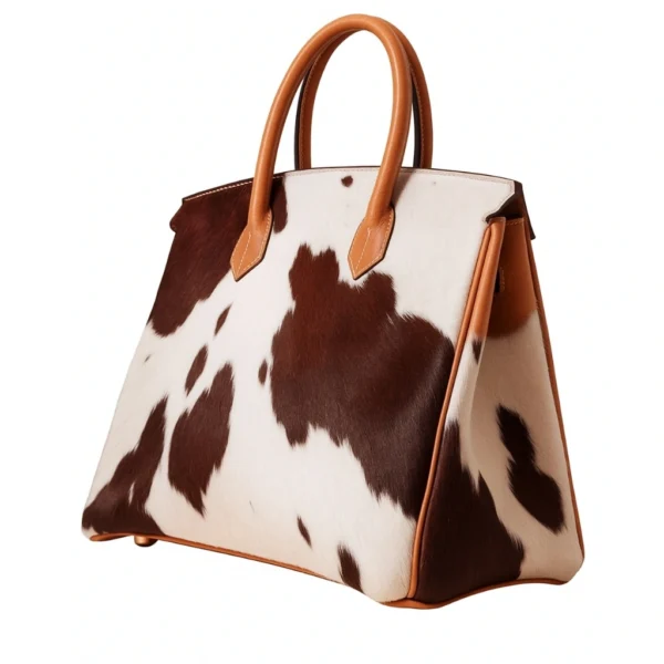 Side view of genuine brown cowhide leather tote bag showcasing structured silhouette and elegant handles for shoulder carrying