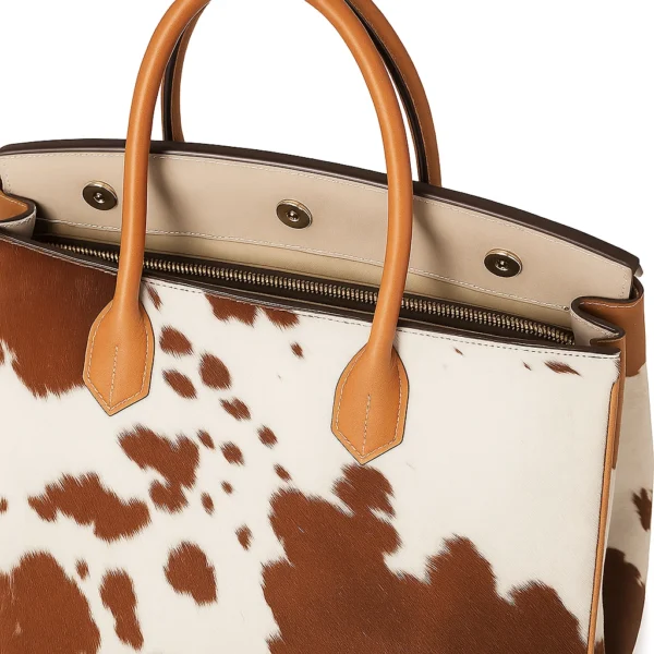 Top view of genuine brown cowhide leather tote bag displaying spacious interior with organizational compartments and quality construction