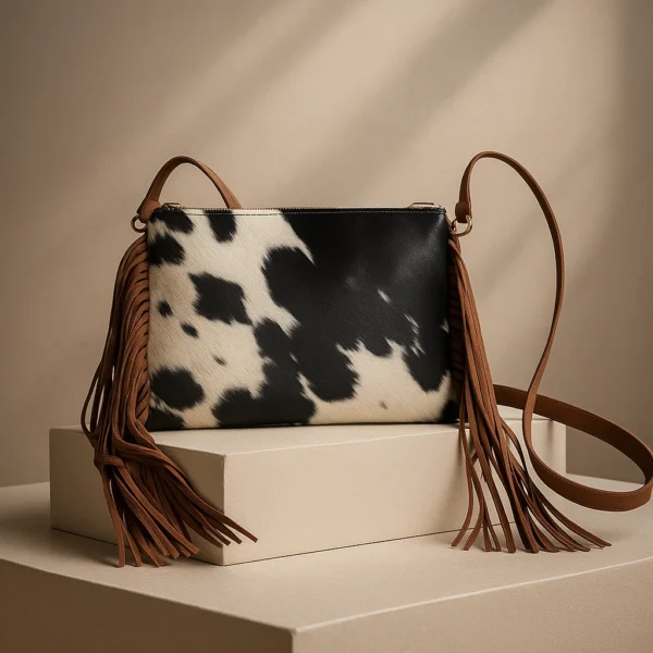 Western-inspired brown cowhide leather clutch with dramatic fringe detailing and versatile strap showcasing bohemian style