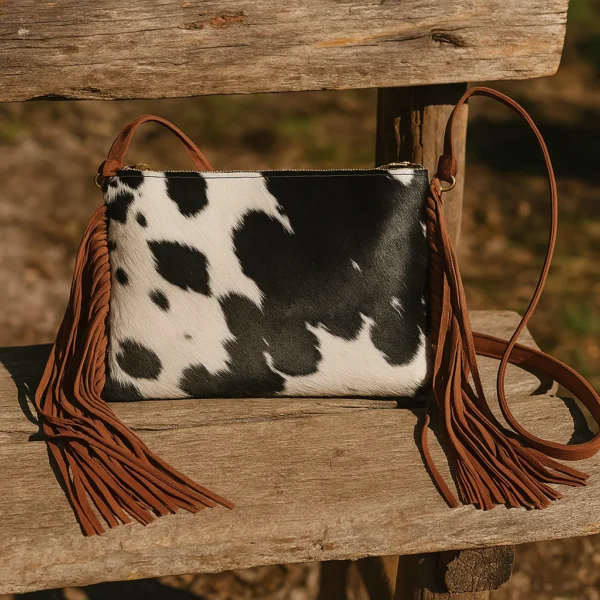 Stylish western fringe cowhide leather clutch in brown featuring decorative fringe detail and crossbody strap for versatile carrying