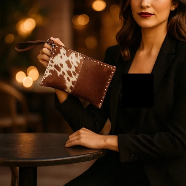 Vintage lady embellished cowhide clutch with decorative details