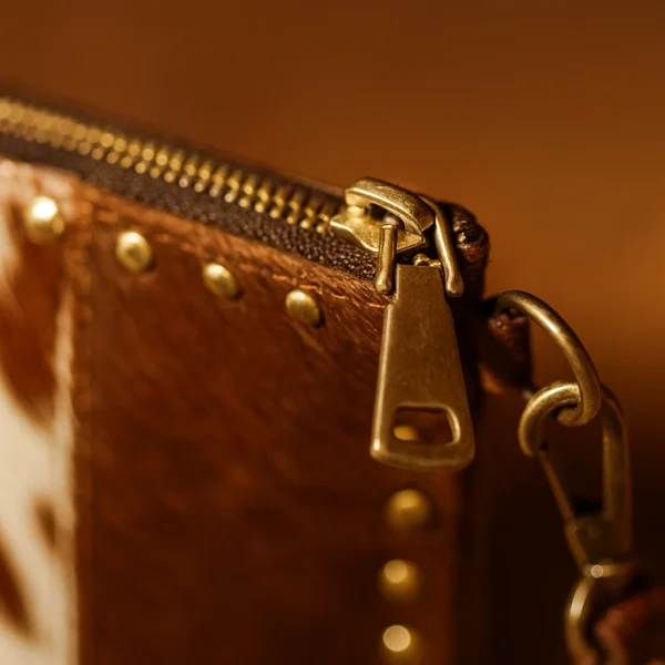 Vintage lady embellished cowhide clutch detail showing embellishment pattern