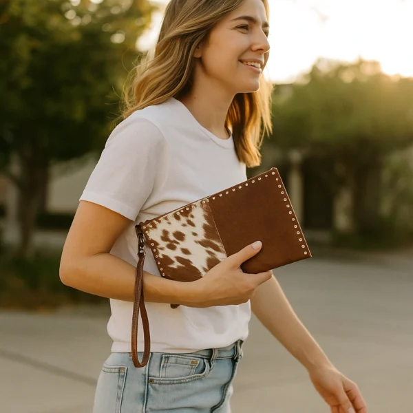 Vintage lady embellished cowhide clutch back view with design details