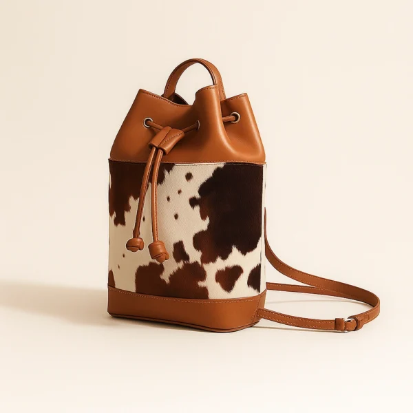 Preppy smart cowhide bucket bag detail view showing craftsmanship
