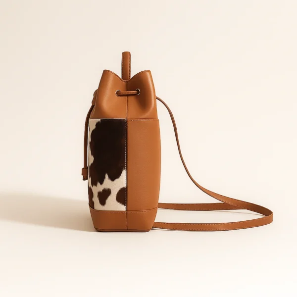 Preppy smart cowhide bucket bag interior compartments view