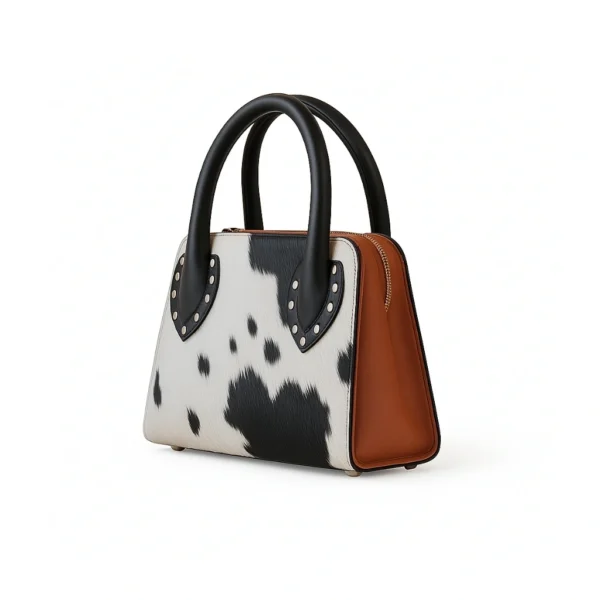 Sophisticated black cowhide leather bag with silver metal stud detailing and elegant structured design for modern fashion