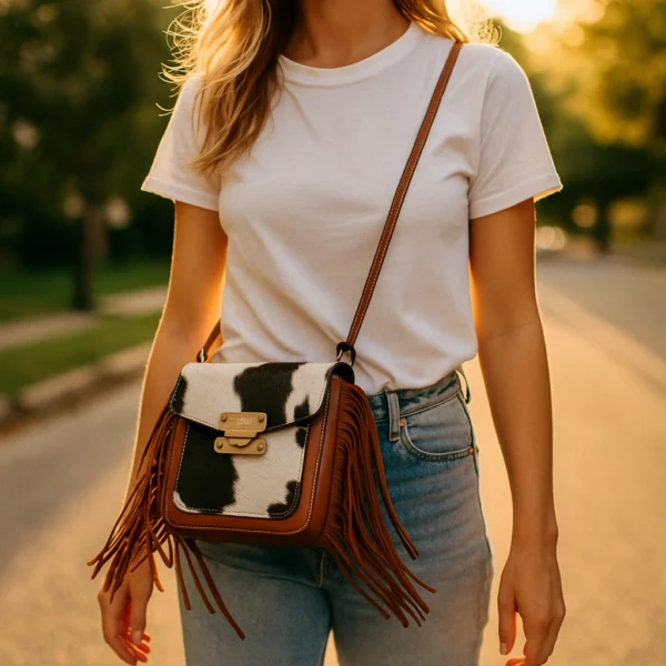 Zebra fringe cowhide belted bag side view with western details