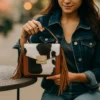 Zebra Fringe Cowhide Belted Bag 4 Zebra fringe cowhide belted bag with western styling and pattern details