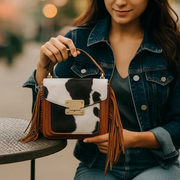 Zebra fringe cowhide belted bag with western styling and pattern details