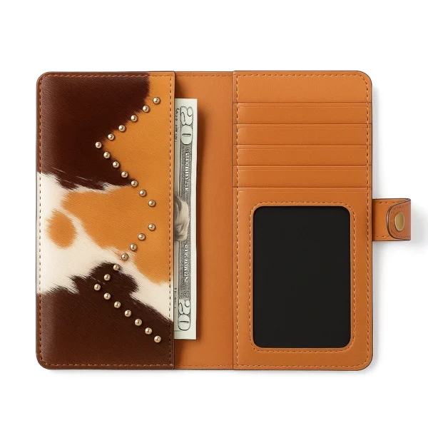 Elegant leather bifold wallet with customizable mobile phone holder featuring premium brown leather craftsmanship and multiple card slots