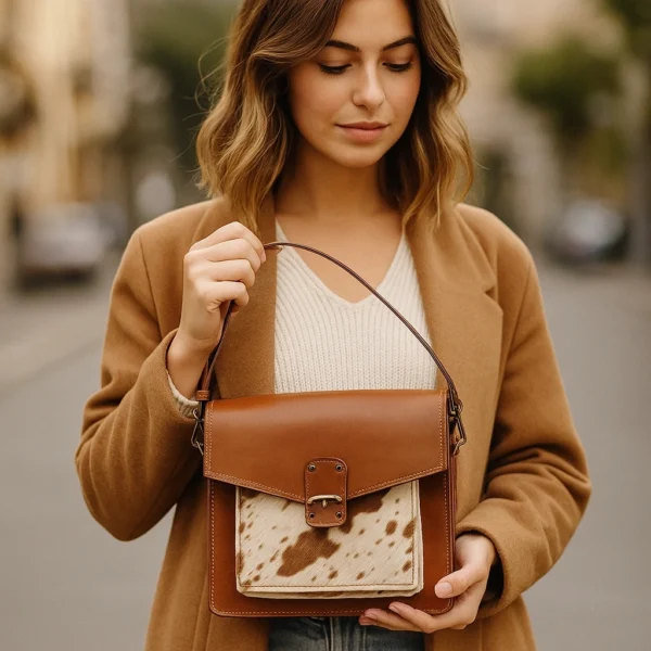 Sophisticated leather box clutch bag in rich brown tone with elegant geometric design, secure closure, and premium cowhide leather construction