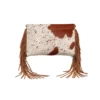 Fringe Boho Cowhide Cross body Leather Tassel Purse 2 Western-style brown cowhide leather crossbody purse with fringe tassel detailing and adjustable strap for bohemian fashion