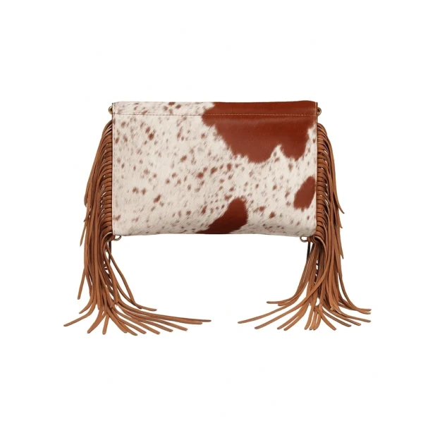 Western-style brown cowhide leather crossbody purse with fringe tassel detailing and adjustable strap for bohemian fashion