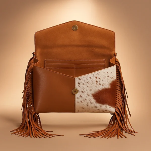 Bohemian brown cowhide leather crossbody purse with decorative tassel fringe and secure closure for everyday casual style