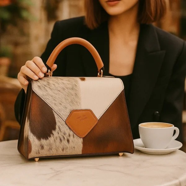 Urban crossbody cowhide bag with modern styling and leather construction