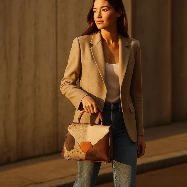Urban crossbody cowhide bag detail view showing leather texture