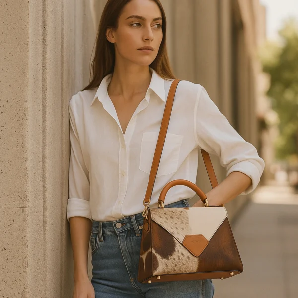 Urban crossbody cowhide bag lifestyle view showing practical use