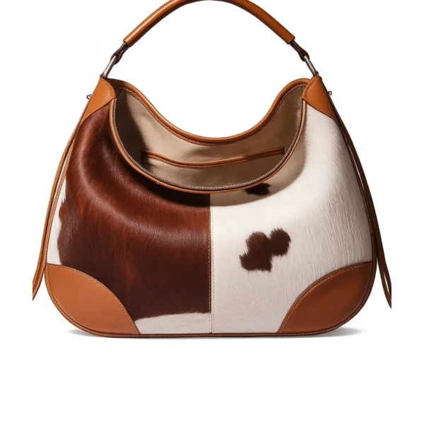 Brown cowhide leather crescent moon hobo bag showcasing curved silhouette with comfortable shoulder strap and spacious interior
