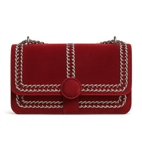Velvet Rouge Braided Suede Crossbody – Luxe Handbag with Chain Strap & Magnetic Closure