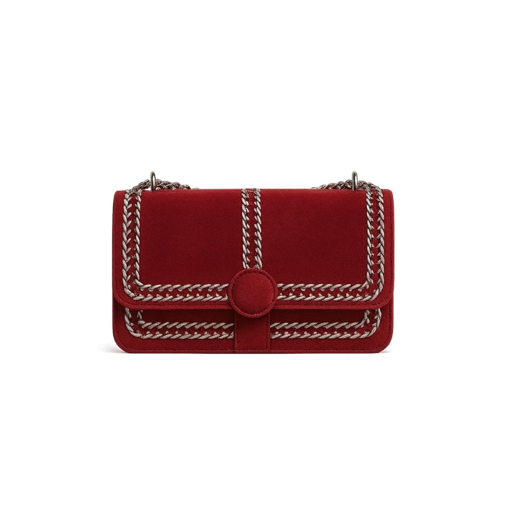 Velvet Rouge Braided Suede Crossbody – Luxe Handbag with Chain Strap & Magnetic Closure Velvet Rouge Braided Suede Crossbody – Luxe Handbag with Chain Strap & Magnetic Closure