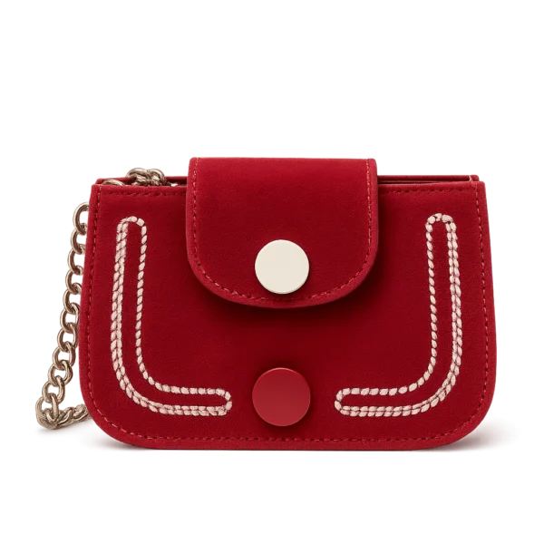 Crimson Curve Suede Mini Bag – Statement Crossbody with Contrast Stitch & Chain Strap