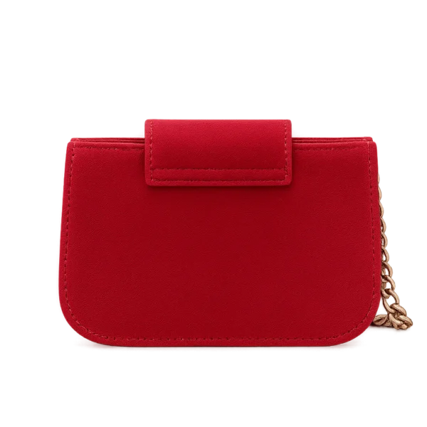 Crimson Curve Suede Mini Bag – Statement Crossbody with Contrast Stitch & Chain Strap