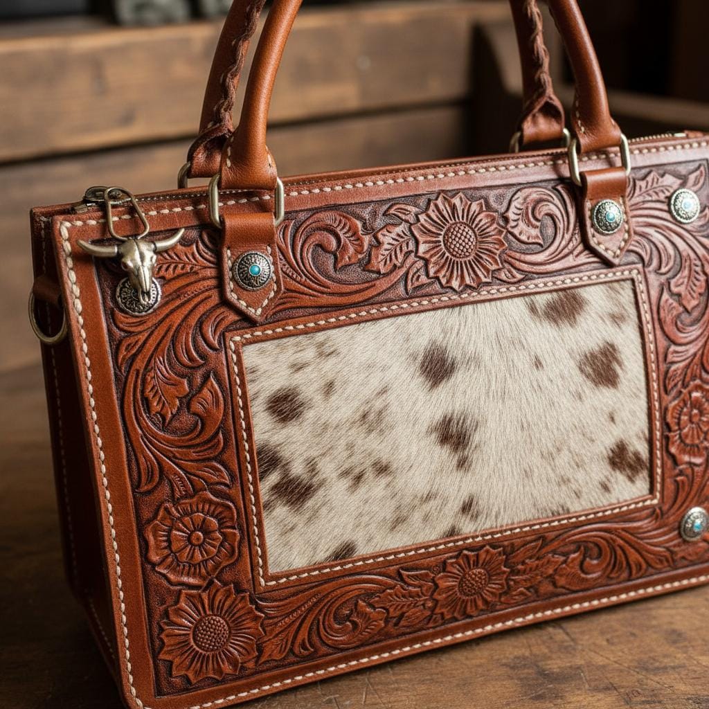 Close-up of leather handbag showing texture and craftsmanship with Western tooling and cowhide patterns