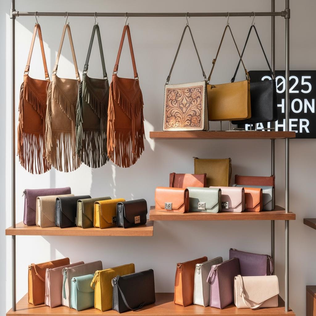 A collection of trending leather handbags for 2025 including fringe, tooled cowhide, sleek structured, and colorful bags
