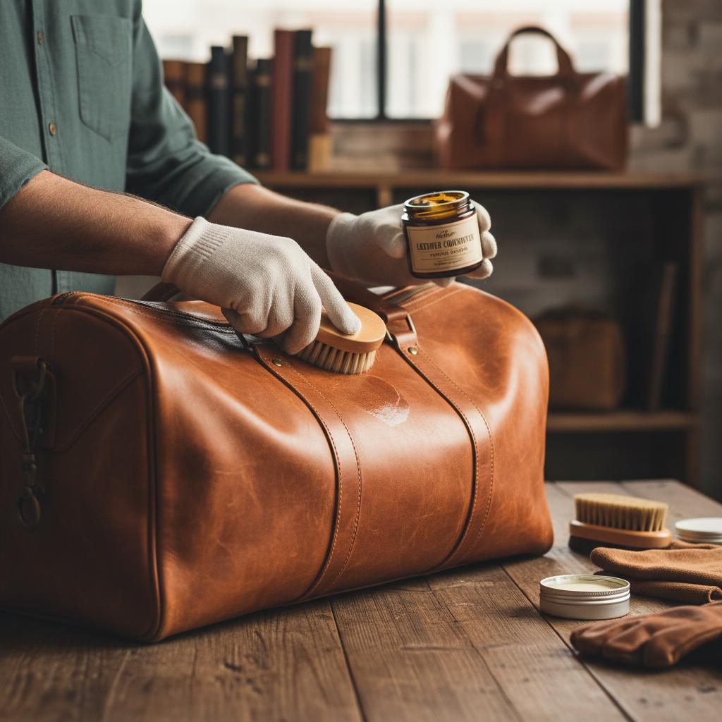A person gently cleaning and conditioning a full-grain leather bag, emphasizing proper care to maintain its vintage vibe and durability.