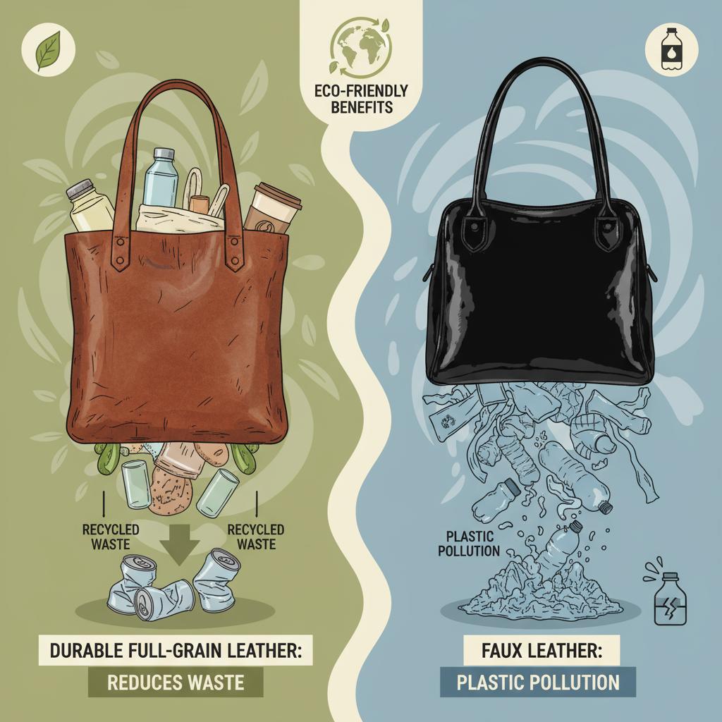 Illustration showing eco-friendly benefits symbolized by a durable full-grain leather bag reducing waste, contrasted with faux leather creating plastic pollution.
