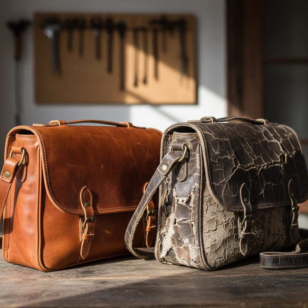 Side-by-side comparison of a full-grain leather bag aging gracefully with rich patina versus a faux leather bag showing cracks and peeling.