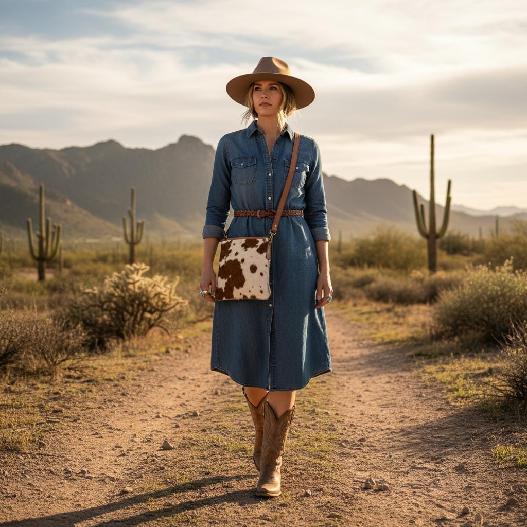 Various Western outfits styled with matching leather handbags including denim dresses with cowhide crossbodys, maxi dresses with tan crossbodys, minimalist slip dresses with sleek clutches, and graphic tee with fringe leather bucket bag
