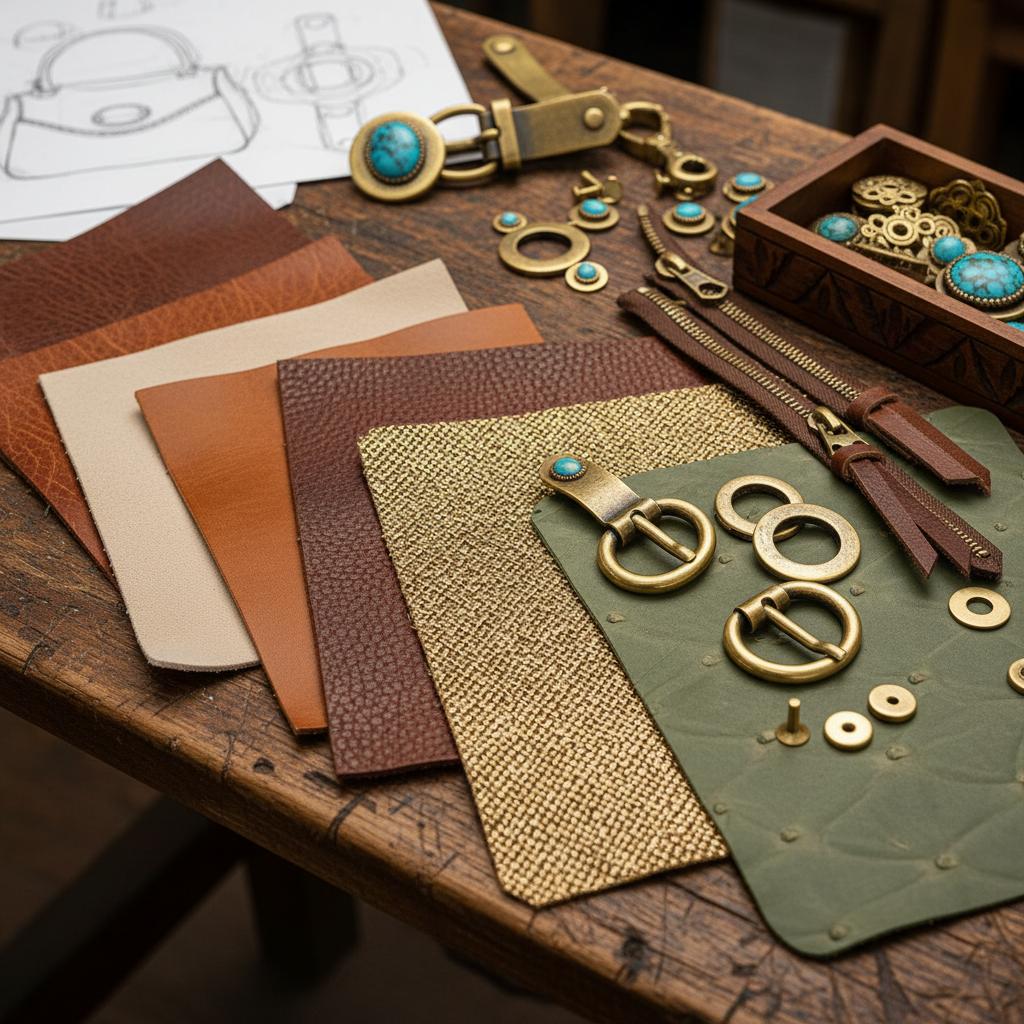 A selection of premium materials for custom leather bags including genuine cowhide, sustainable leather alternatives like Piñatex and cactus leather, and hardware details such as turquoise inlays and antique brass buckles.