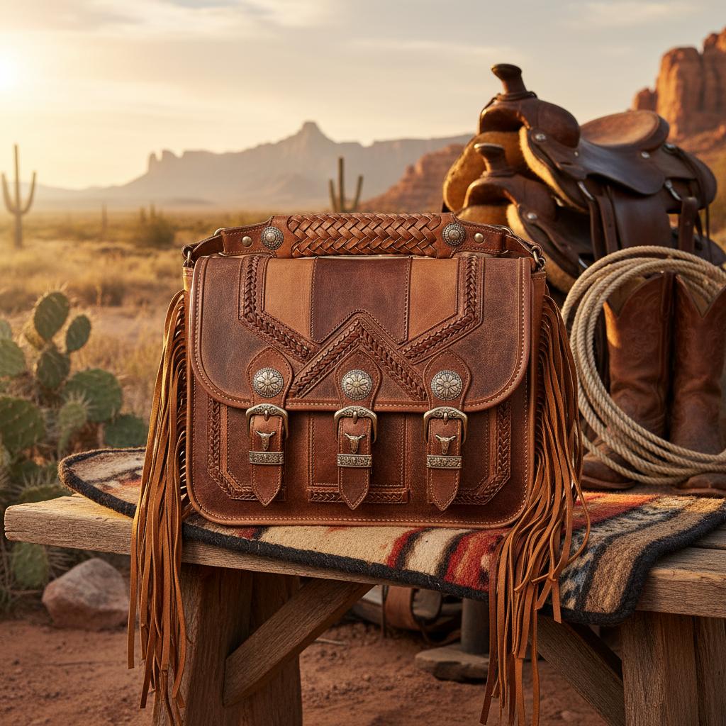A stylish custom leather bag combining classic cowboy elements like braided leather, flowing fringe, and antique silver buckles, displayed in a rustic western setting.