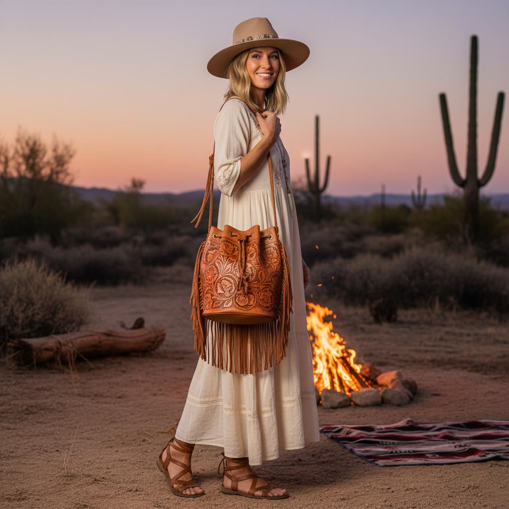 A boho western look showcasing a flowy maxi dress with a fringe bucket leather bag adorned with floral hand-tooling.