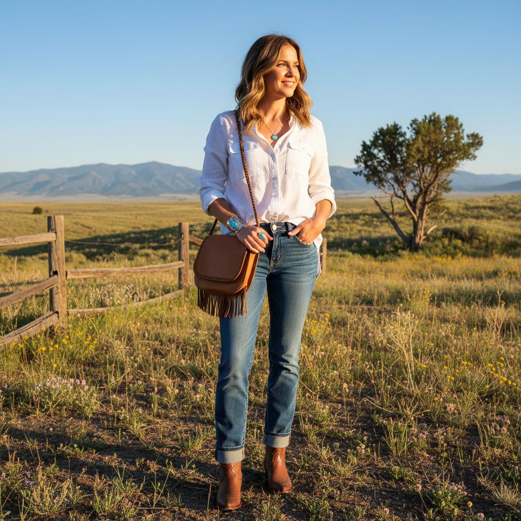 A casual western outfit featuring denim jeans, a crisp white shirt, ankle cowboy boots, and a crossbody leather bag with subtle fringe, accessorized with simple silver and turquoise jewelry, set outdoors in a sunny, relaxed environment.