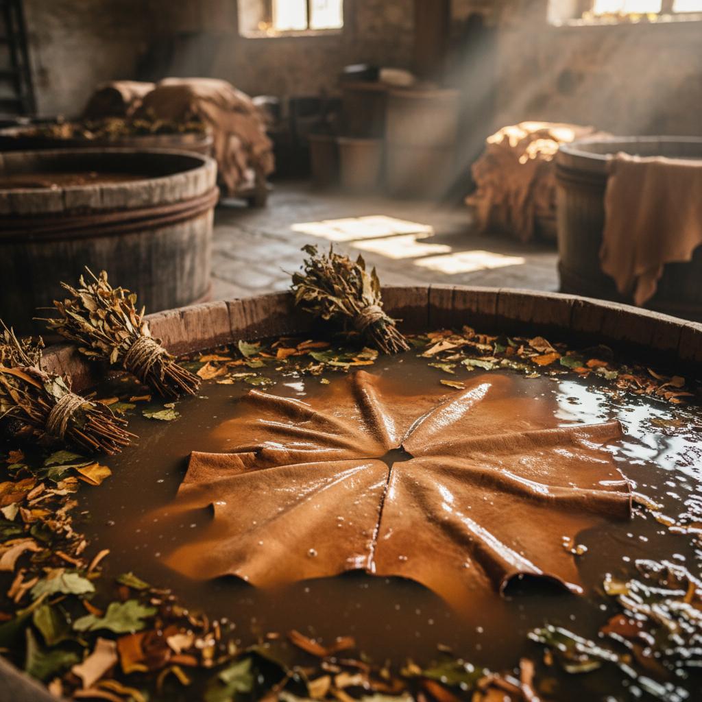 Close-up of the vegetable-tanned leather process using natural plant extracts, emphasizing earthy hues and traditional chemical-free tanning