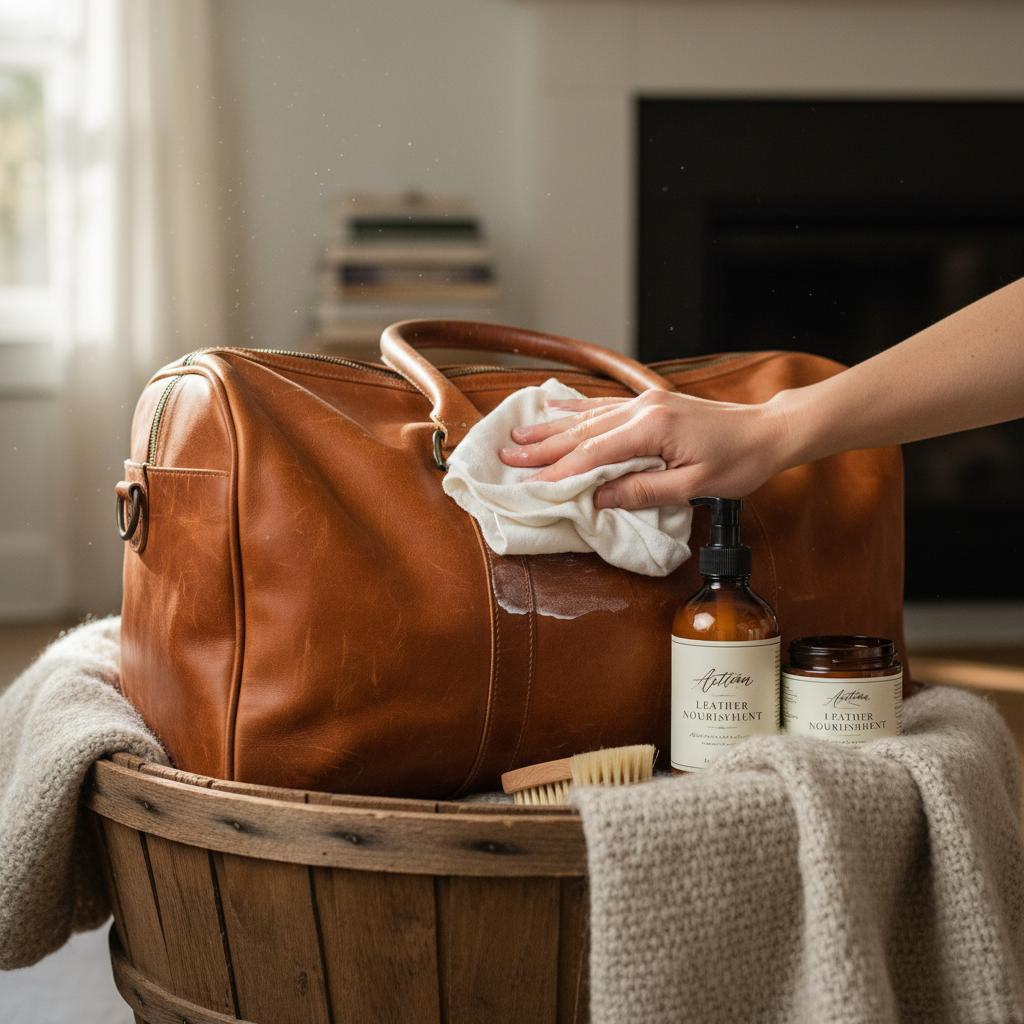 A cozy leather care setup showing a soft cloth, leather conditioner, and a leather bag being gently cleaned or conditioned to represent essential leather maintenance.