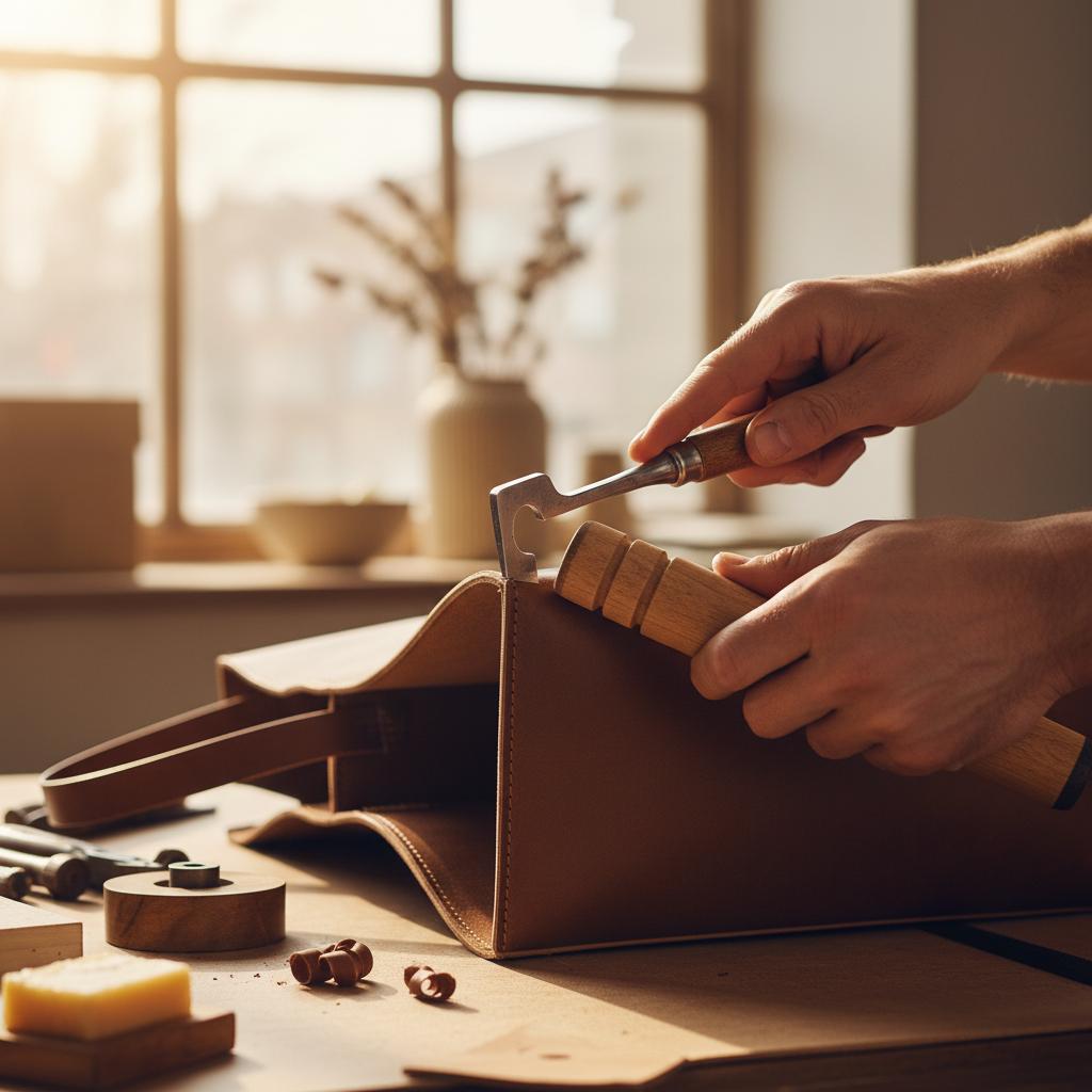 A craftsman beveling and burnishing the edges of a leather bag with precision tools, showing smooth and polished edges.