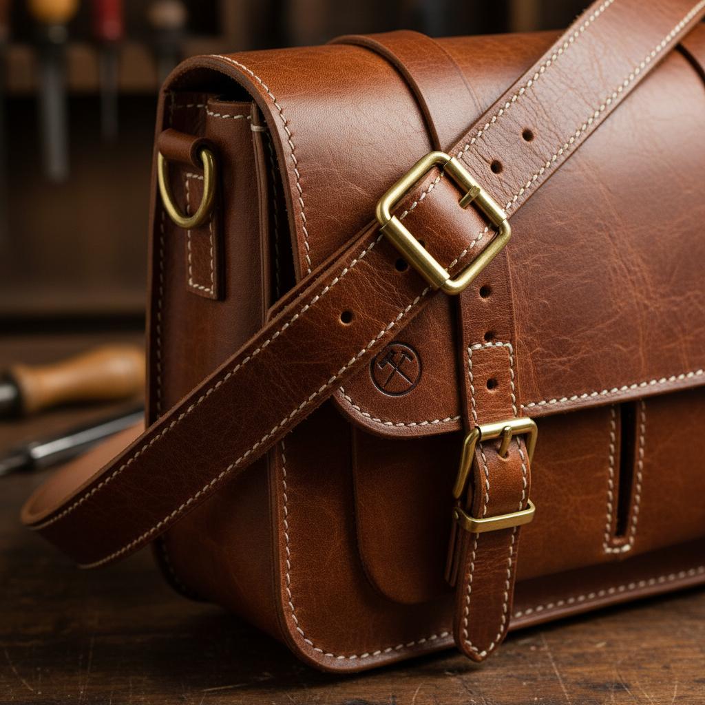 A detailed close-up of a leather bag highlighting quality details: strong stitching, robust hardware, and natural grain texture, symbolizing craftsmanship and durability.