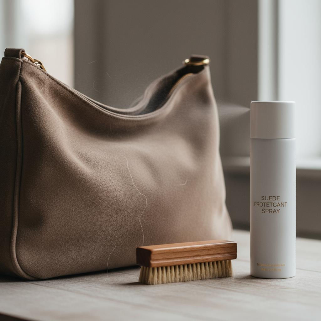 A soft, fuzzy suede handbag placed casually with a suede brush and protective spray nearby, illustrating care and delicate texture.