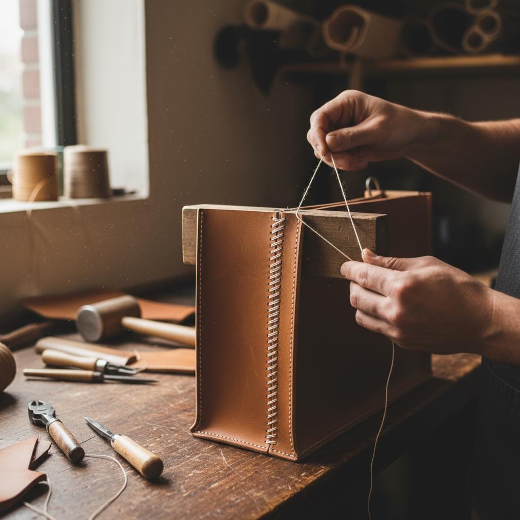 An artisan hand-stitching a leather bag using saddle stitching technique, highlighting the durability and skill involved.