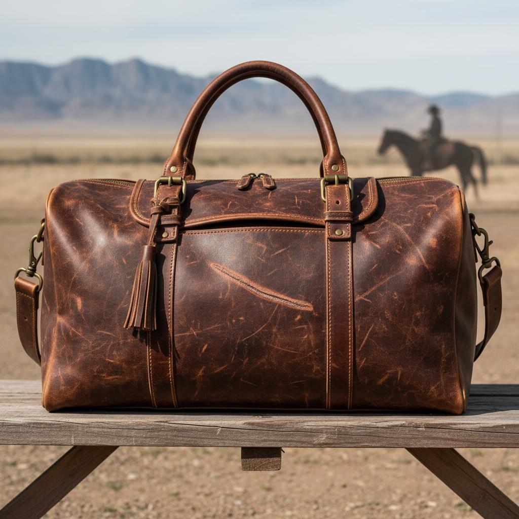 An image of a full-grain leather bag showing natural scars and patina developing, portraying toughness and durability like a seasoned cowboy.