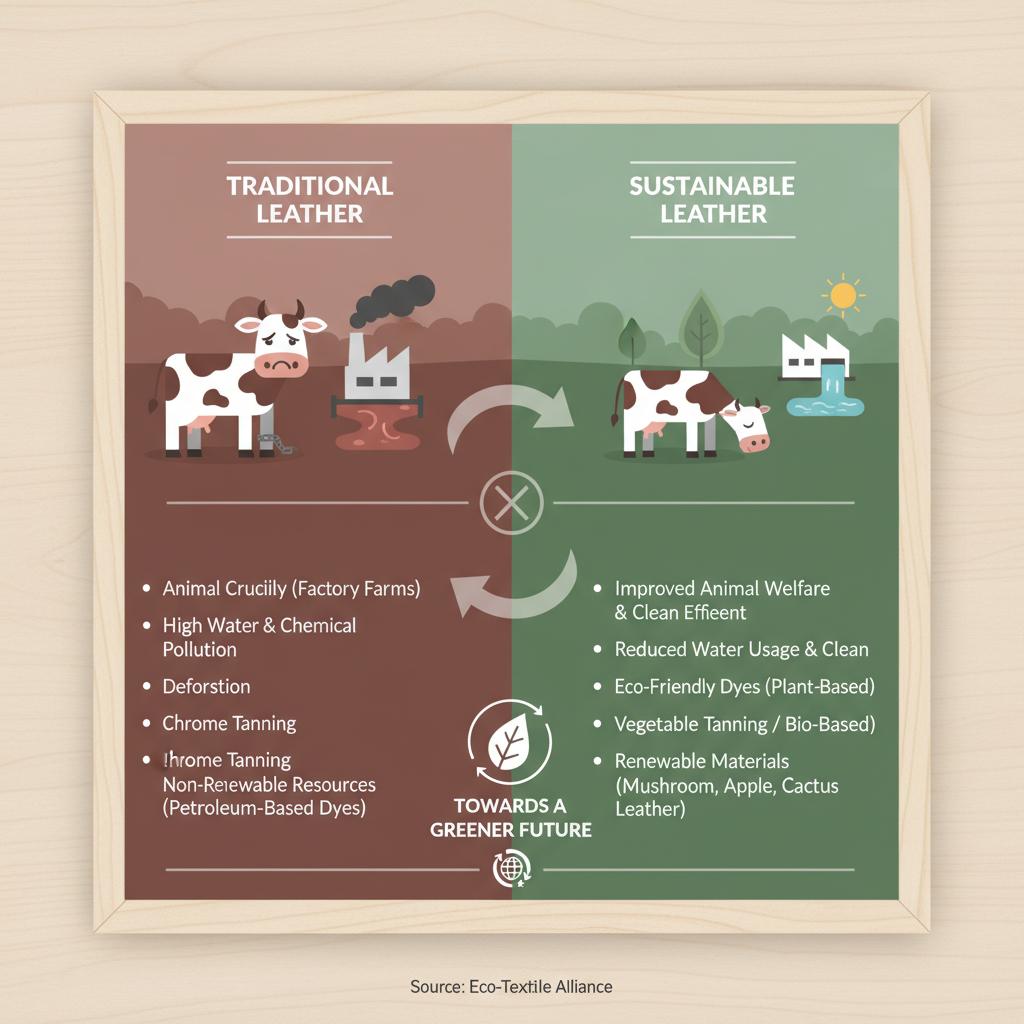 Infographic contrasting traditional leather production with sustainable eco-friendly leather practices, highlighting animal welfare, reduced pollution, and renewable materials