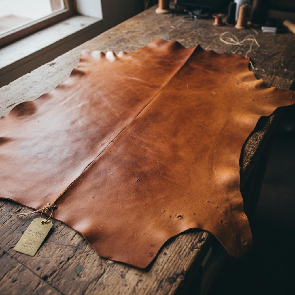 Full-grain vegetable-tanned leather hide showcasing its natural texture and evolving patina over time to illustrate material quality.