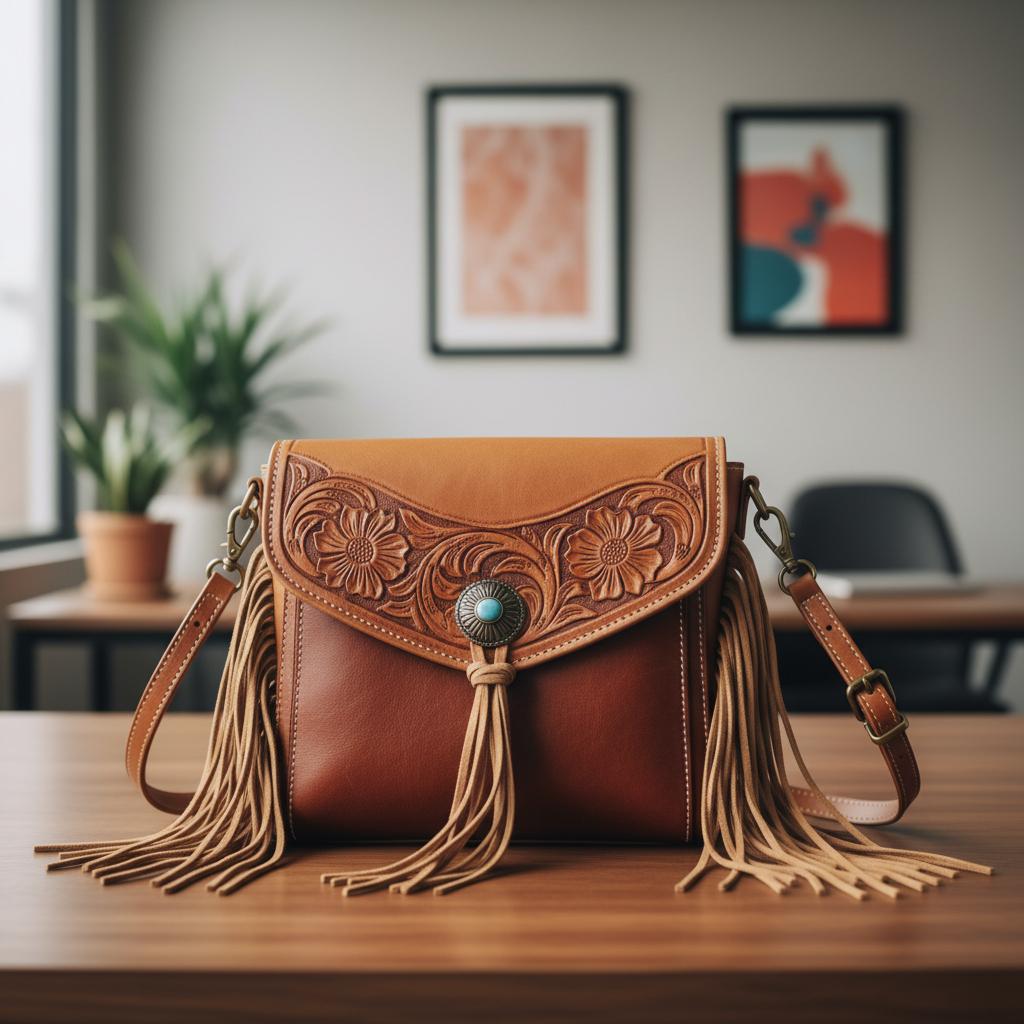 A subtly styled Western leather handbag featuring tasteful tooling, soft leather fringe, and minimal hardware in earth-tone colors like saddle tan and chestnut, shown against a neutral office background