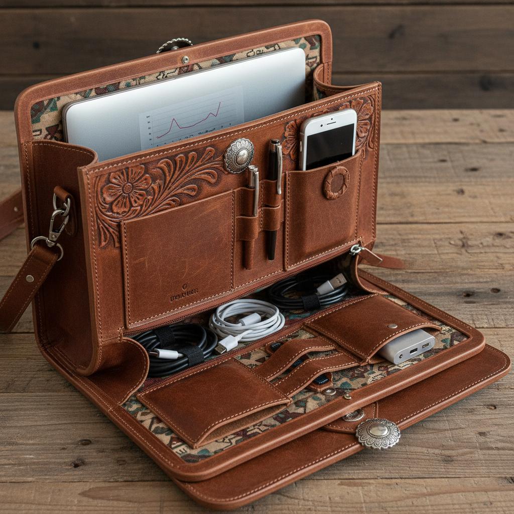 A well-organized structured Western leather handbag open to show compartments holding a laptop, phone, pens, and chargers, illustrating functionality and smart design