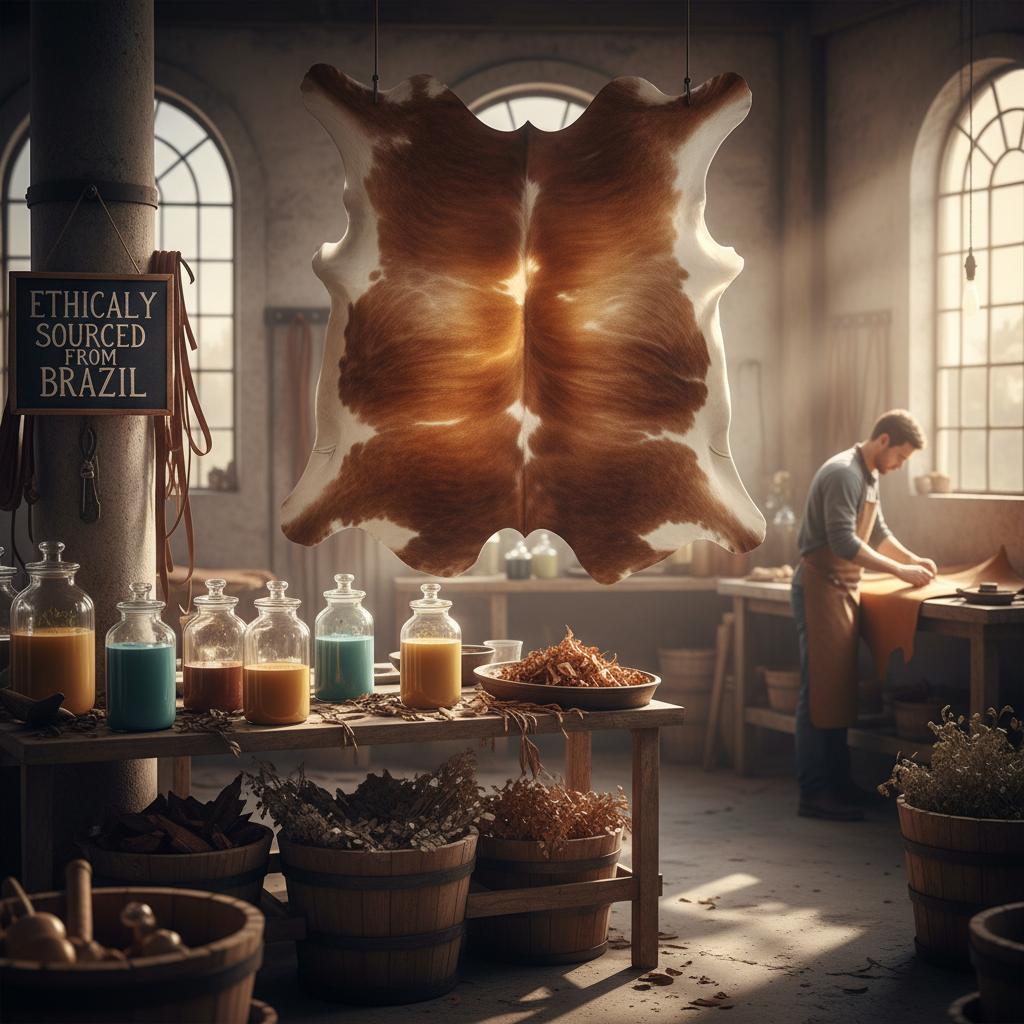 A cowhide leather hide from Brazil hanging in a sunlit tannery, showcasing the vegetable tanning process with plant extracts and emphasizing ethical sourcing.