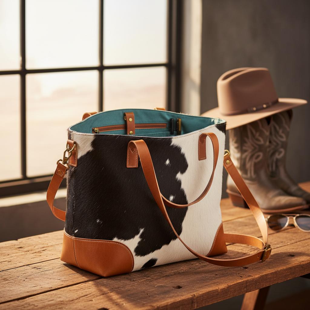 A stylish cowhide bag displaying its design features: adjustable straps, minimal seams in high-stress areas, natural grain variations, and well-organized compartments.