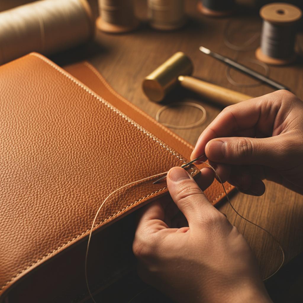 Close-up of skilled hands hand-stitching full-grain cowhide leather, highlighting the natural grain, burnished edges, and detailed craftsmanship of the bag.